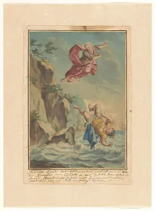 Mentor throws Telemachus off a cliff and jumps after him, 1719-1775. Creator: Ruik Keyert