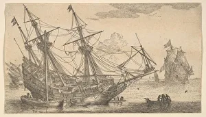 Beached Prints: A Merchant Man Careened for Caulking the Hull, 17th century. Creator: Reinier Zeeman