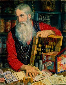 Kustodiev Prints: The Merchant (Old Man with Money), 1918. Artist: Kustodiev, Boris Michaylovich (1878-1927)
