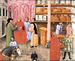Merchants in a trade, miniature in Statuti Mercanti, illuminated manuscript, 14th century Merchants in a trade, miniature in Statuti Mercanti, illuminated manuscript, 14th century