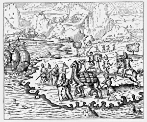 Merchants transporting goods to the coast and a waiting vessel by camel, 1575