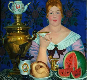 The Merchants Wife Drinking Tea, 1923. Artist: Kustodiev, Boris Michaylovich (1878-1927) The Merchants Wife Drinking Tea, 1923. Artist: Kustodiev, Boris Michaylovich (1878-1927)