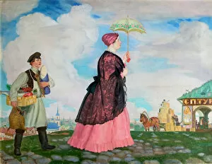 Merchants woman with purchases, 1920. Artist: Kustodiev, Boris Michaylovich (1878-1927)