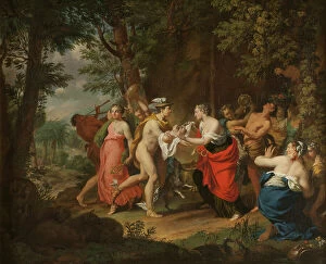Roman Mythology Collection: Mercury Confiding the Child Bacchus to the Nymphs on Nysa, 18th century. Creator: Marcus Tuscher