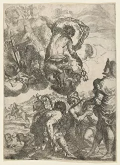 Mercury (Hermes), Juno (?) Mars, and a group of figures below (shepherds, musicians..., ca. 1640-60. Creator: Anon)