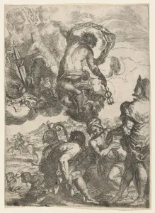Mercury (Hermes), Juno (?) Mars, and a group of figures below (shepherds, musicians..., ca. 1640-60. Creator: Anon) Mercury (Hermes), Juno (?) Mars, and a group of figures below (shepherds, musicians..., ca. 1640-60. Creator: Anon)