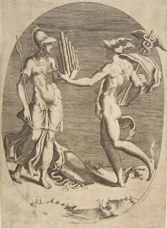 Mercury presenting a panpipe to Minerva who stands at left, an oval composition, 1531-76