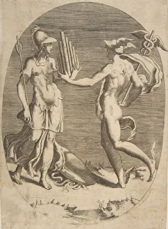 Caduceus Prints: Mercury presenting a panpipe to Minerva who stands at left, an oval composition, 1531-76