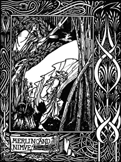 Merlin and Nimue. Illustration to the book Le Morte d Arthur by Sir Thomas Malory, 1893-1894