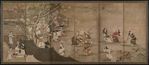 Byobu Gallery: Merry-making under aronia blossoms. Left of a pair of six-section folding screens, 18th century