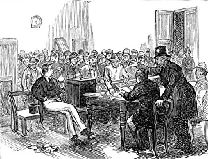 Metropolitan Boroughs election sketches: working men voting during the dinner hour, 1874. Creator: Unknown