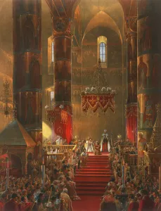 The Metropolitan genuflects at the coronation ceremony of Tsar Alexander II, Moscow, 1856. Artist: Georg Wilhelm Timm The Metropolitan genuflects at the coronation ceremony of Tsar Alexander II, Moscow, 1856. Artist: Georg Wilhelm Timm