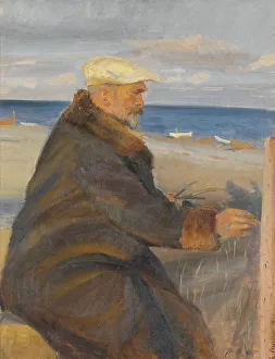 Ancher Michael Peter Prints: Michael Ancher painting on the beach, 1901. Creator: Anna Kirstine Ancher