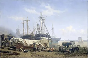 Boatyard Prints: Midday break at a Shipyard on the Maas, 1865-1867. Creator: Johan Conrad Greive
