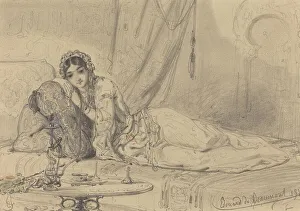 Hookah Prints: A Middle Eastern Woman Reclining in an Exotic Setting, 1844. Creator: Edouard de Beaumont