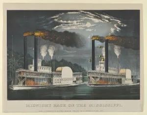Currier And Ives Prints: Midnight Race on the Mississippi, 1875. 1875. Creators: Nathaniel Currier