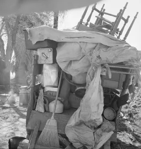 Migrant family outfit on U. S. 99 between Bakersfield, California, and the Ridge, 1939. Creator: Dorothea Lange