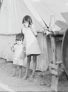 Immigrants Prints: Migrant Mexican children in contractor's camp at time of early pea harvest