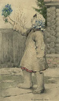Migrant Orphan Selling Blue Snowdrop Flowers in Irkutsk, 1904. Creator: Boris Vasilievich Smirnov