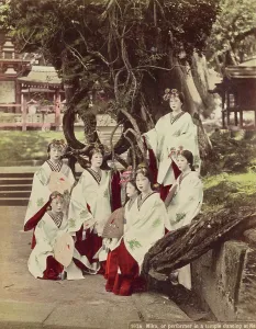 Priestess Prints: Miko, or Performing in A Temple Dancing at Nara, about 1890. Creator: Kusakabe Kimbei