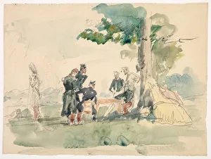 Watercolour And Graphite Prints: Militaires sous un arbre (Soldiers under a Tree)