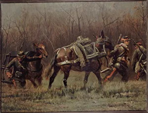 Mobile Prints: Military scene: mobile units leading ambulance mules (fragment of the panorama of Champigny)