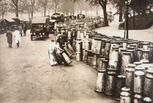 General Strike Prints: Milk churns being delivered to Hyde Park, London, during the General Strike, 8 May 1926