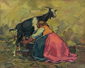 Bucket Prints: Milking, around 1937. Creator: Gustav Mally