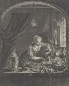Kitchen Maid Prints: Milkmaid after the painting of G. Dou in the Cabinet of Mr. Poullain, mid-17th century