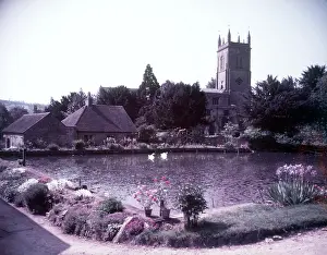Swan Prints: Millpond and church, Blockley, Gloucestershire, c1955. Creator: Arthur Charles Kirby Ware