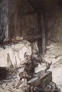 Mime Gallery: Mime at the anvil, 1924. Artist: Arthur Rackham