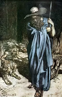 Mime and the Wanderer. Illustration for Siegfried and The Twilight of the Gods by Richard Wagner, Artist: Rackham
