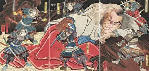 Minamoto no Yorimitsu and his retainers attacking the drunken monster Shuten-doji on mount Oe, 1851