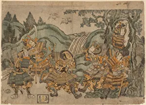 Shogun Prints: Minamoto no Yoritomo Hiding in a Tree, c. 1758. Creator: Torii Kiyoshige