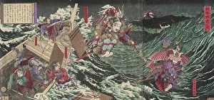 Jump Prints: Minamoto Yoshitsune Leaping from Boat to Boat, 1882. Creator: Kobayashi Kiyochika