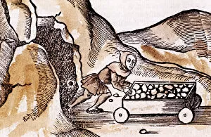 Trolley Gallery: Miner pushing a trolley from a mine entrance, 1508