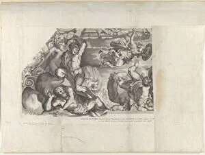 Minerva depicted at top with a shield and arrow vanquishing the Giants below, from Bar..., ca. 1677. Creator: Anon