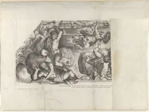 Minerva depicted at top with a shield and arrow vanquishing the Giants below, from Bar... ca. 1677. Creator: Anon