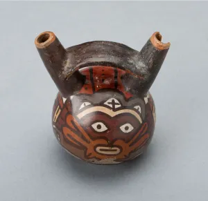 Miniature Double Spout Vessel Depicting Masked Ritual Performer, 180 B. C. / A. D. 500