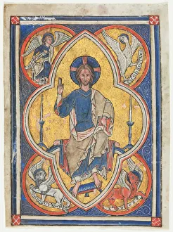 And Gold On Vellum Prints: Miniature Excised from a Psalter: Christ in Majesty with Symbols of the Four Evangelists