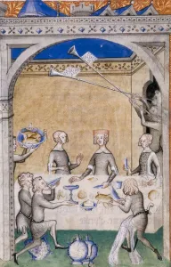Miniature from Le Remede de Fortune by Guillaume de Machaut. Feast scene, 1355-1360 Miniature from Le Remede de Fortune by Guillaume de Machaut. Feast scene, 1355-1360