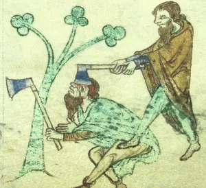 Killer Prints: Miniature of one man killing another with his axe, c1220. Creator: Unknown