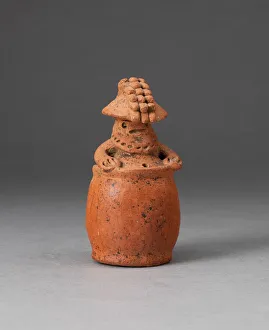 Human Collection: Miniature Rattle in the Form of a Figure Wearing Headdress and Mask, c. A.D. 200