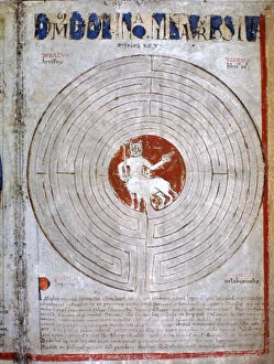 Minotaur in a labyrinth, a page from Liber Floridus, 12th century