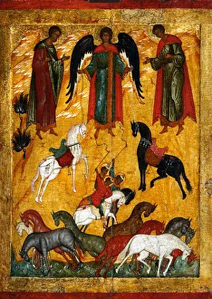 Novgorod School Prints: The Miracle of Florus and Laurus, Early16th cen Artist: Russian icon