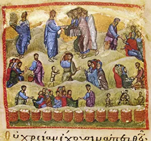 Mount Athos Prints: The Miracle of the Five Loaves and Two Fishes, 13th century. Artist: Byzantine Master