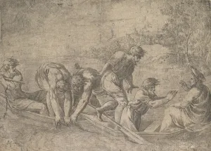 Fisherman Prints: The miraculous draught of the fishes, Christ at the right accompanied by apostles in