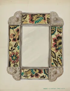 20th Century Bc Prints: Mirror, Framed with Wall Paper Panels, Bordered in Tin, c. 1938. Creator: Majel G