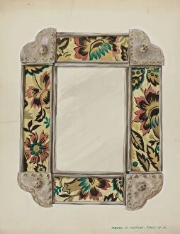 Majel G Claflin Collection: Mirror, Framed with Wall Paper Panels, Bordered in Tin, c. 1938. Creator: Majel G