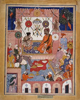 Misbah the Grocer Brings the Spy Parran to his House, Folio from a Hamzanama... ca. 1570